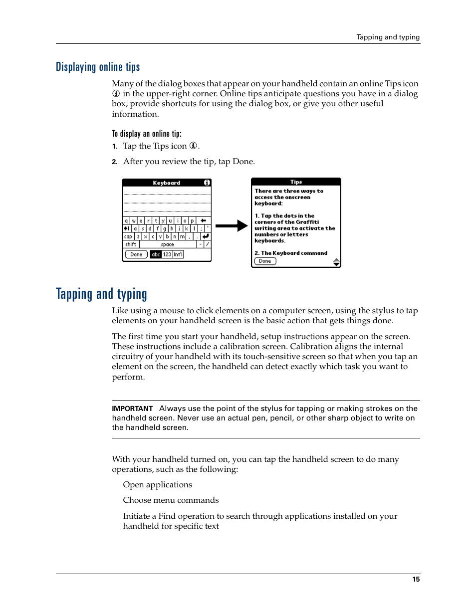 Displaying online tips, To display an online tip, Tapping and typing | Palm Zire 21 User Manual | Page 25 / 208