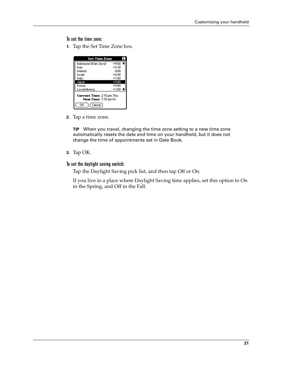 To set the time zone, To set the daylight saving switch | Palm Zire 21 User Manual | Page 31 / 208