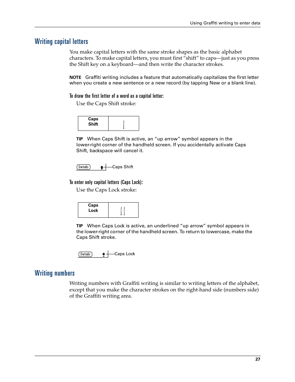 Writing capital letters, To enter only capital letters (caps lock), Writing numbers | Writing capital letters writing numbers | Palm Zire 21 User Manual | Page 37 / 208