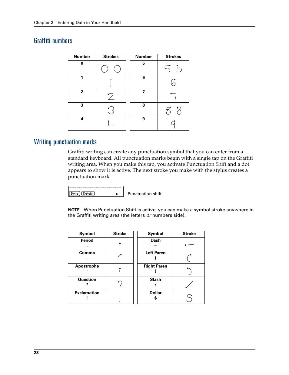 Graffiti numbers, Writing punctuation marks, Graffiti numbers writing punctuation marks | Palm Zire 21 User Manual | Page 38 / 208