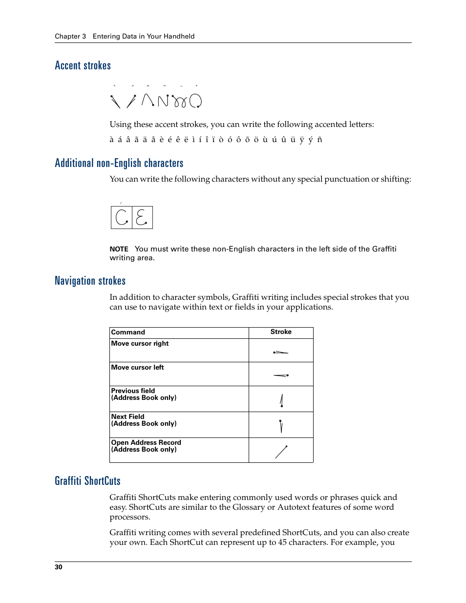 Accent strokes, Additional non-english characters, Navigation strokes | Graffiti shortcuts | Palm Zire 21 User Manual | Page 40 / 208