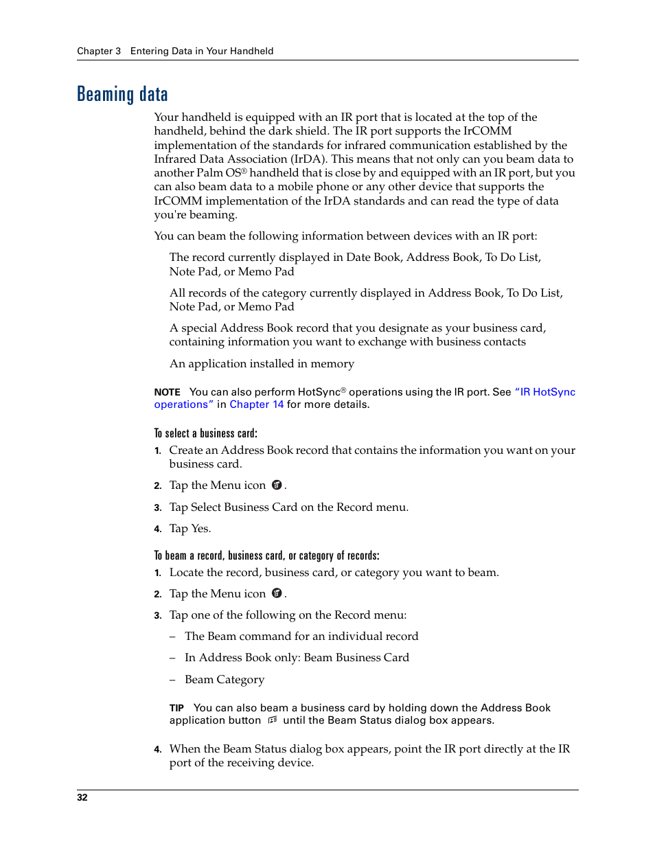 Beaming data, To select a business card, Ions. see | Chapter 3, Ed port. see, Beaming, Data, For de | Palm Zire 21 User Manual | Page 42 / 208