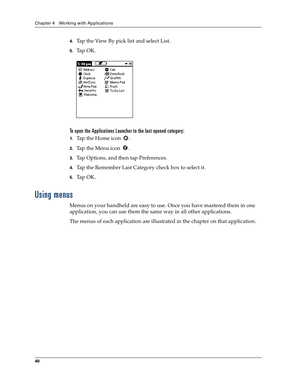 Using menus | Palm Zire 21 User Manual | Page 50 / 208