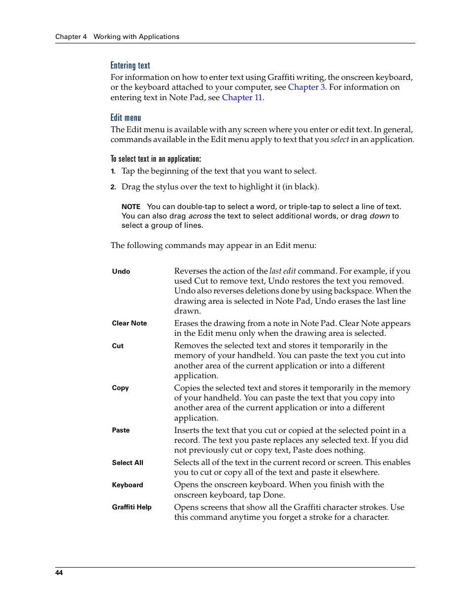 Entering text, Edit menu, To select text in an application | Palm Zire 21 User Manual | Page 54 / 208