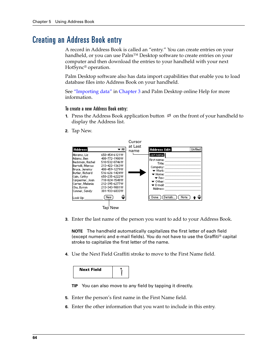 Creating an address book entry, To create a new address book entry | Palm Zire 21 User Manual | Page 74 / 208