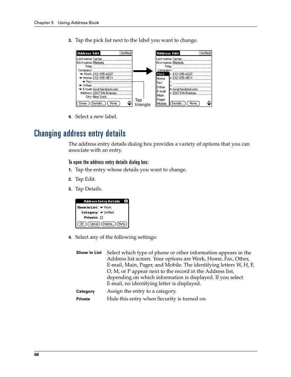 Changing address entry details, To open the address entry details dialog box | Palm Zire 21 User Manual | Page 76 / 208