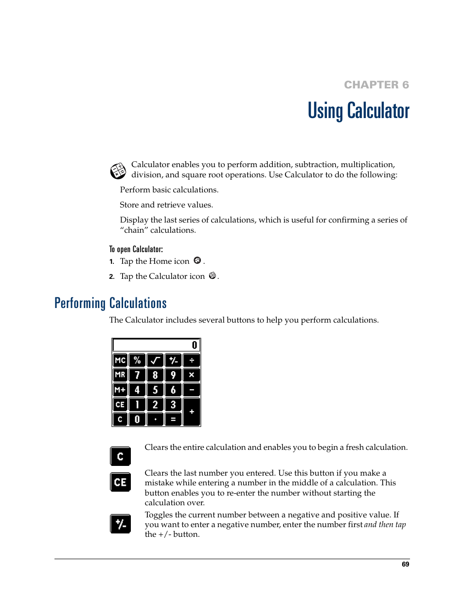 Using calculator, To open calculator, Performing calculations | Chapter 6: using calculator, Chapter 6 | Palm Zire 21 User Manual | Page 79 / 208