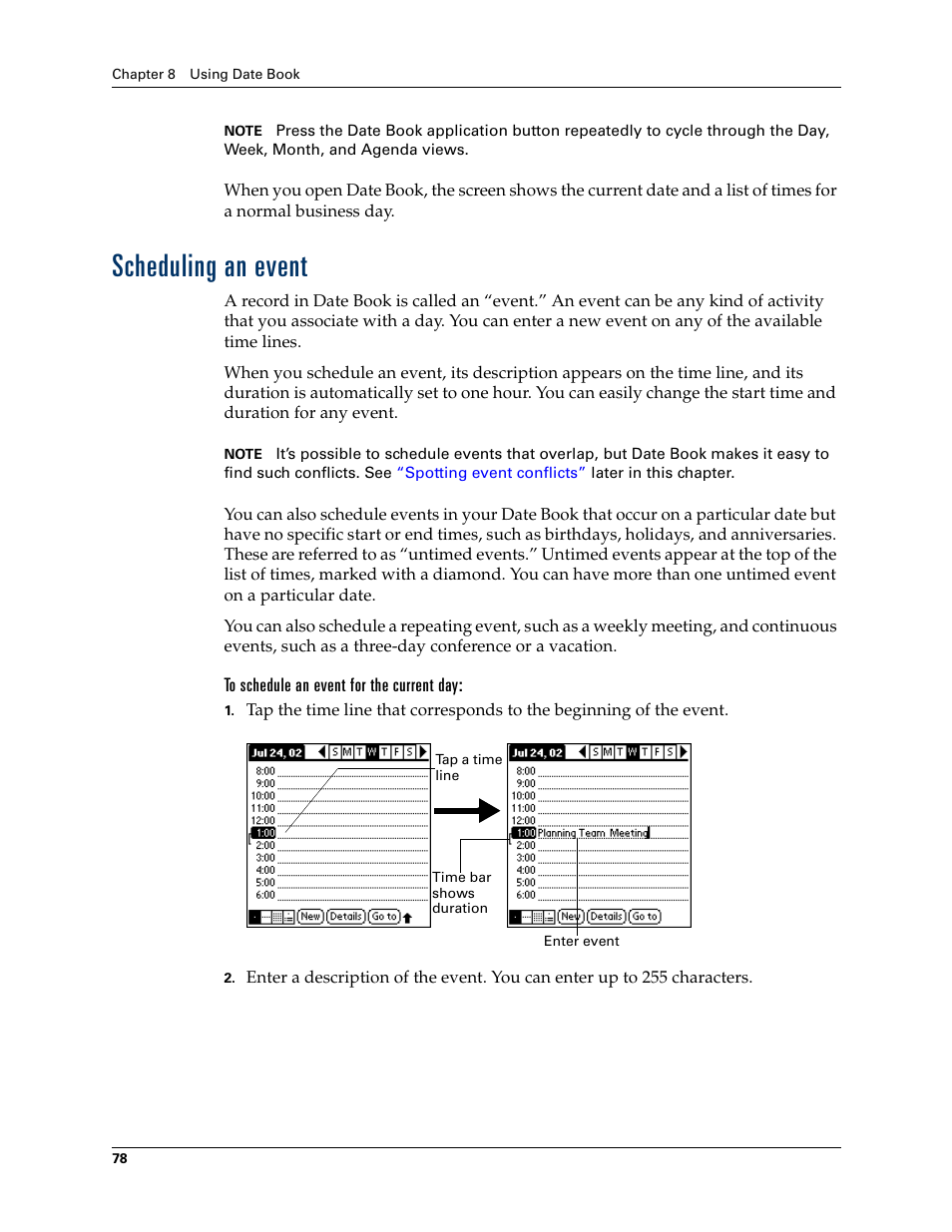 Scheduling an event, To schedule an event for the current day | Palm Zire 21 User Manual | Page 88 / 208