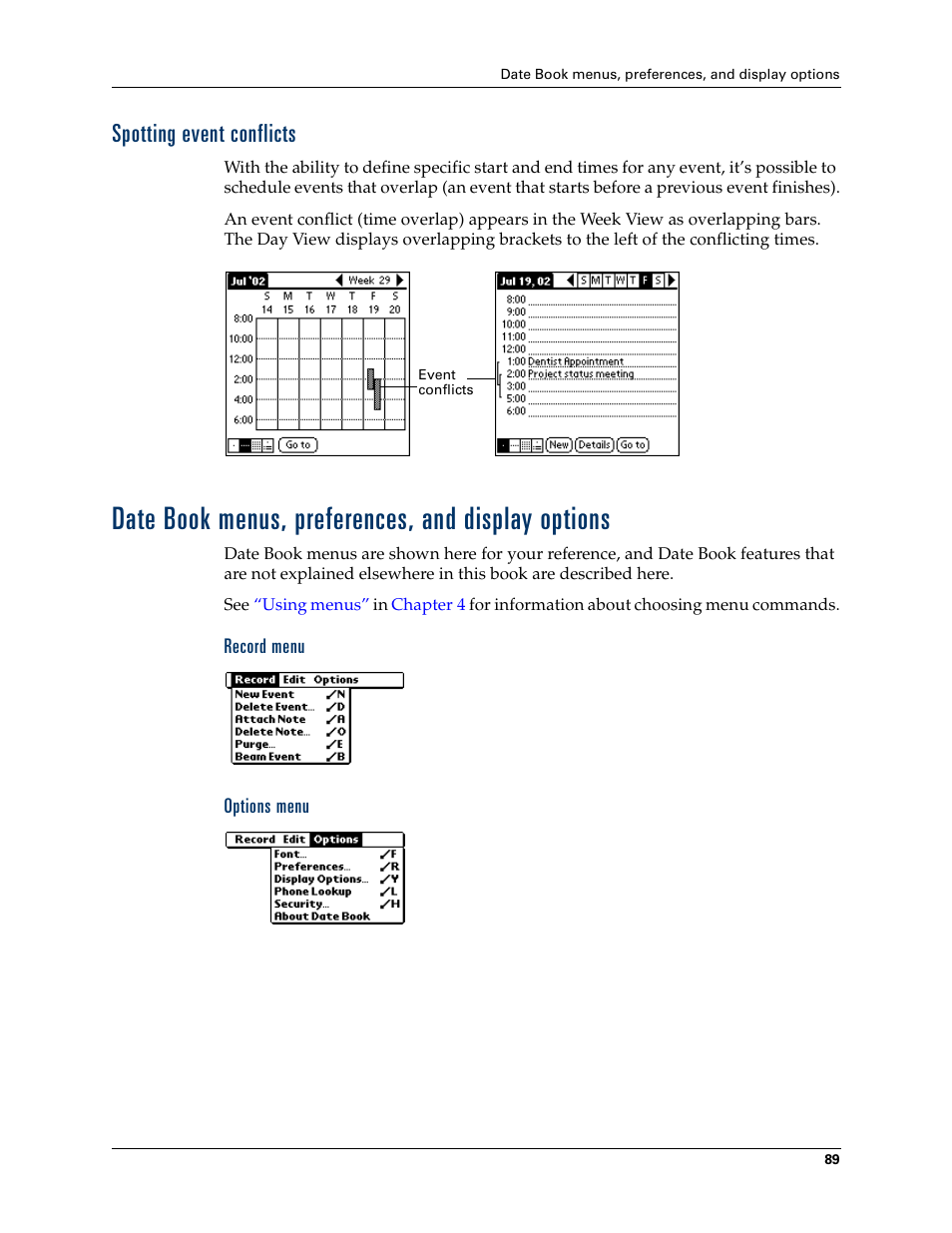 Spotting event conflicts, Date book menus, preferences, and display options, Record menu | Options menu | Palm Zire 21 User Manual | Page 99 / 208