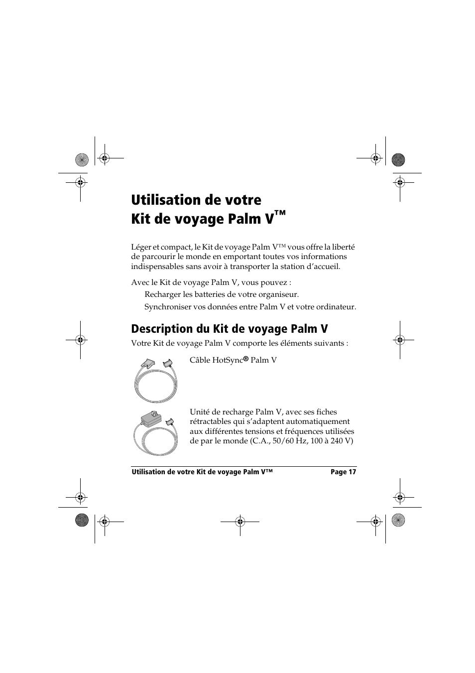 Utilisation de votre kit de voyage palm v, Description du kit de voyage palm v | Palm Handbook Travel Kit User Manual | Page 17 / 56