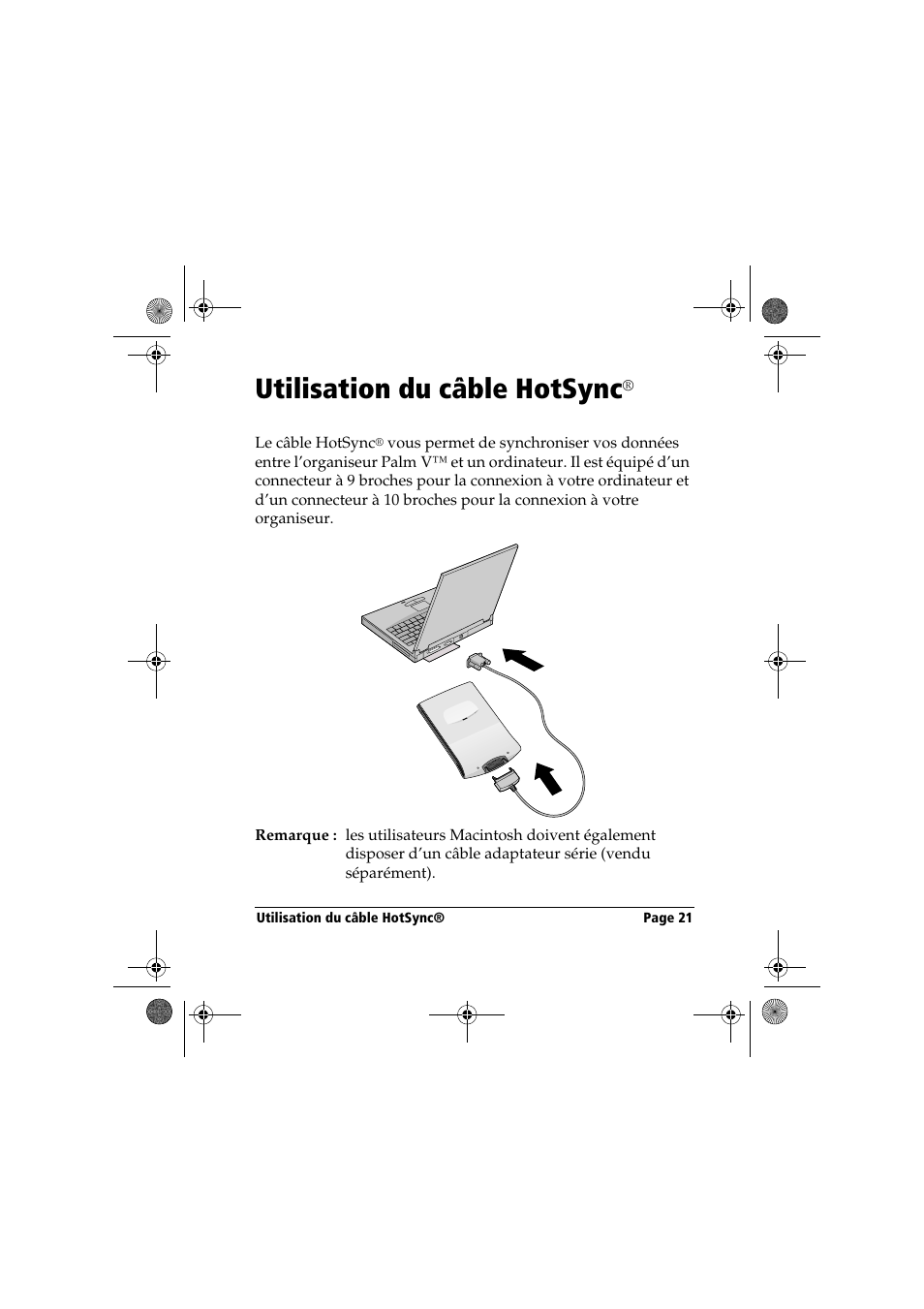 Utilisation du câble hotsync | Palm Handbook Travel Kit User Manual | Page 21 / 56
