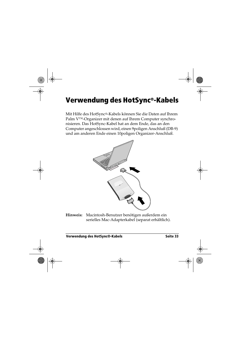 Verwendung des hotsync, Kabels | Palm Handbook Travel Kit User Manual | Page 33 / 56