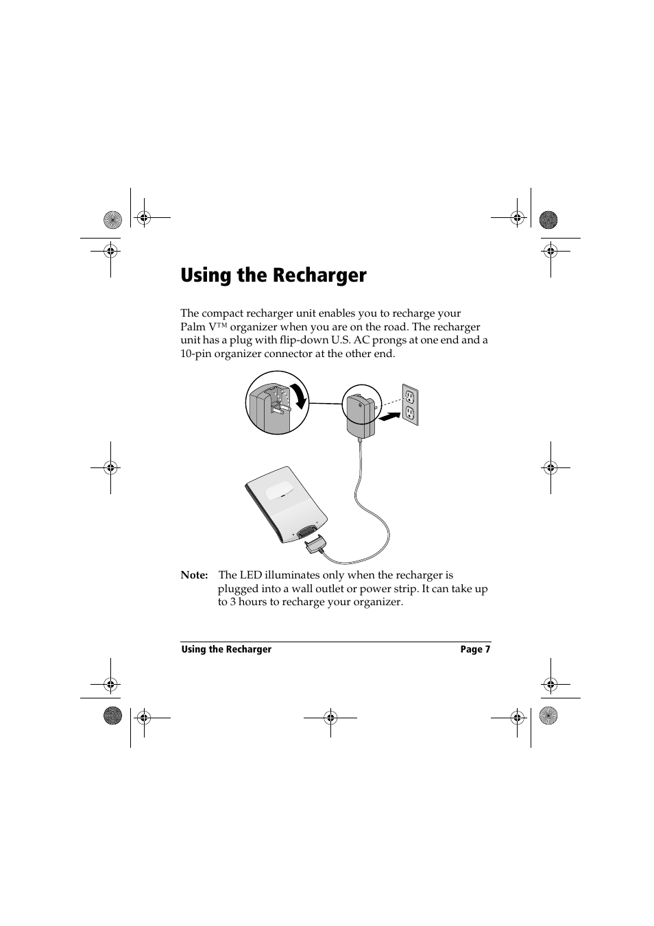 Using the recharger | Palm Handbook Travel Kit User Manual | Page 7 / 56