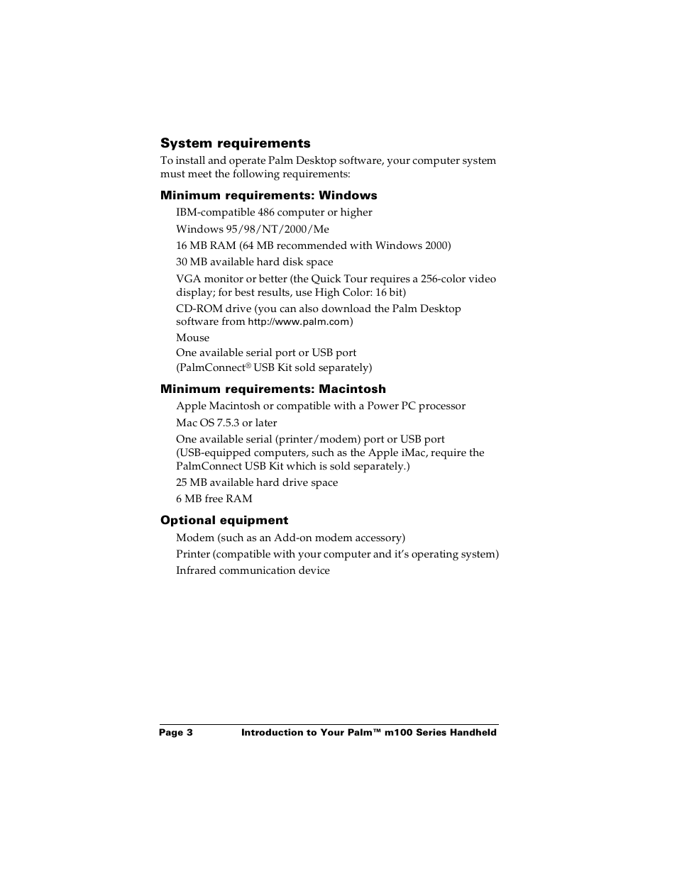 System requirements, Minimum requirements: windows, Minimum requirements: macintosh | Optional equipment | Palm Handhelds m100 User Manual | Page 10 / 219