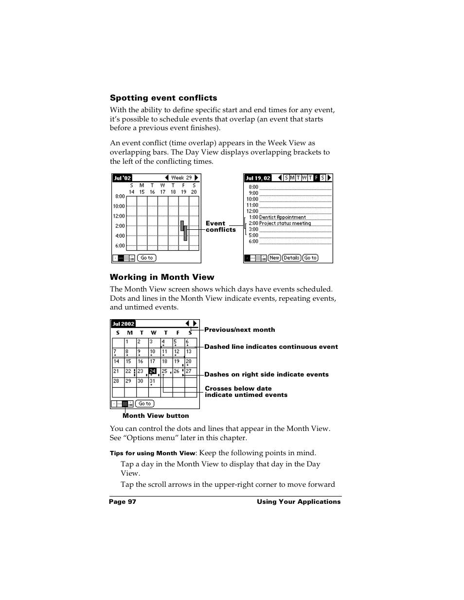 Spotting event conflicts, Working in month view | Palm Handhelds m100 User Manual | Page 104 / 219