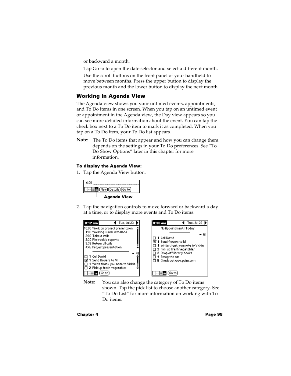 Working in agenda view, To display the agenda view | Palm Handhelds m100 User Manual | Page 105 / 219