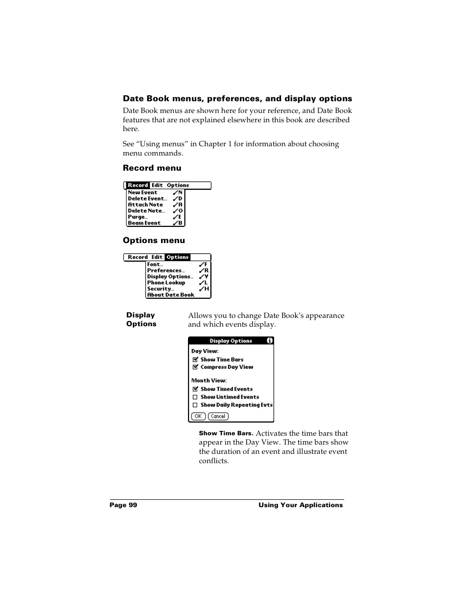 Date book menus, preferences, and display options, Record menu, Options menu | Palm Handhelds m100 User Manual | Page 106 / 219