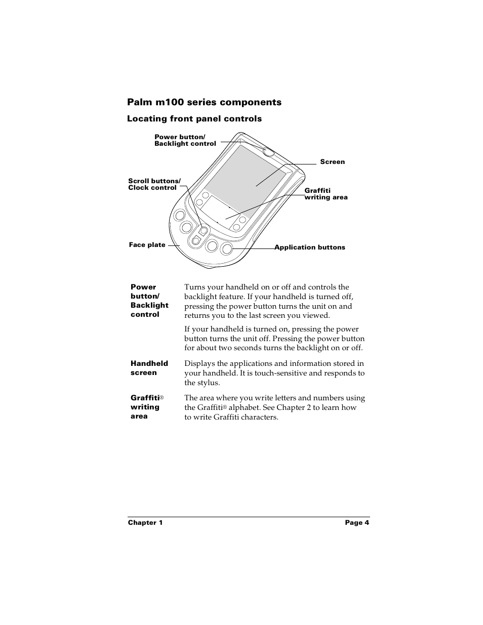 Palm m100 series components, Locating front panel controls | Palm Handhelds m100 User Manual | Page 11 / 219