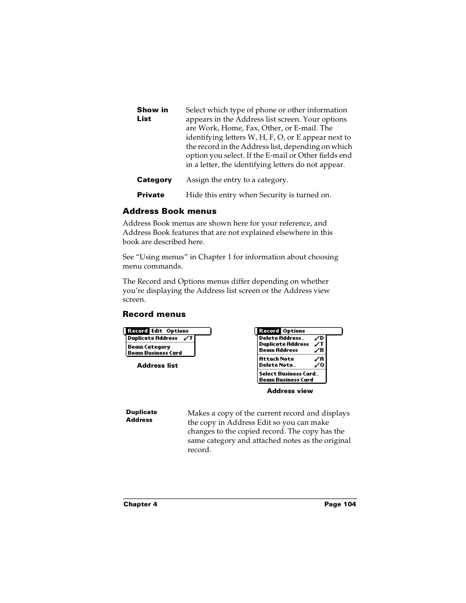 Address book menus, Record menus | Palm Handhelds m100 User Manual | Page 111 / 219