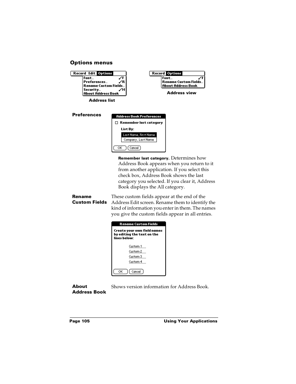 Options menus | Palm Handhelds m100 User Manual | Page 112 / 219