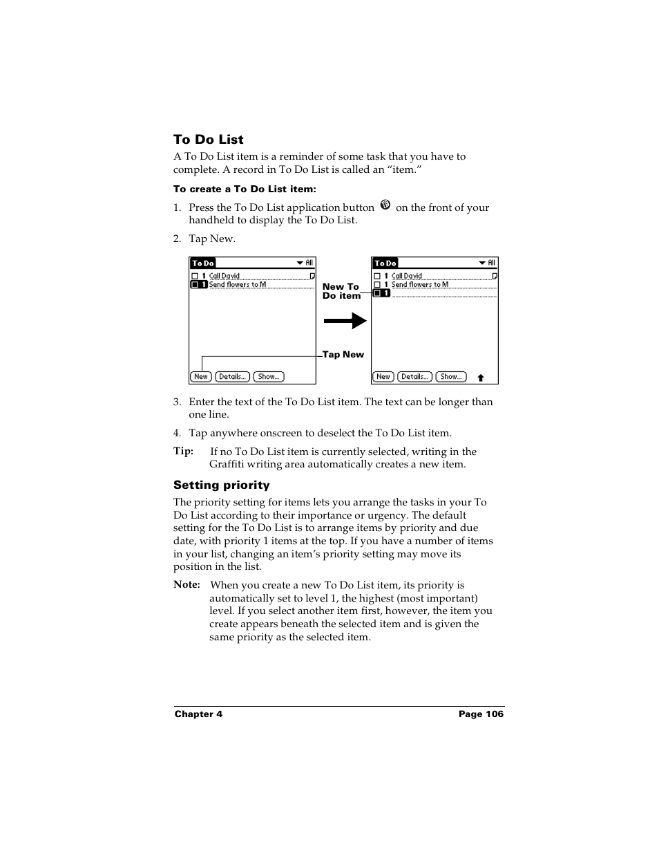 To do list, To create a to do list item, Setting priority | Palm Handhelds m100 User Manual | Page 113 / 219