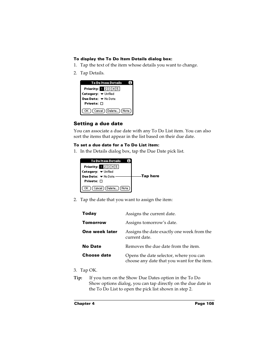 To display the to do item details dialog box, Setting a due date, To set a due date for a to do list item | Palm Handhelds m100 User Manual | Page 115 / 219