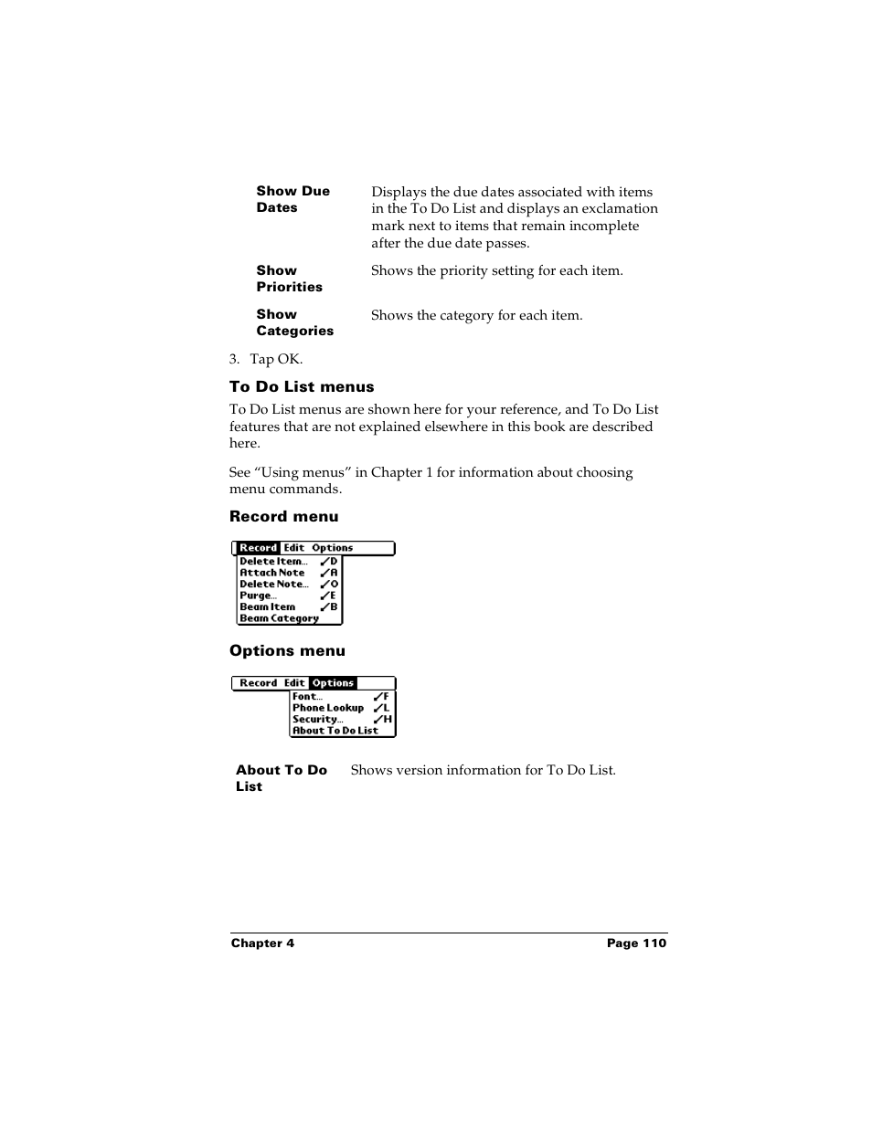 To do list menus, Record menu, Options menu | Palm Handhelds m100 User Manual | Page 117 / 219