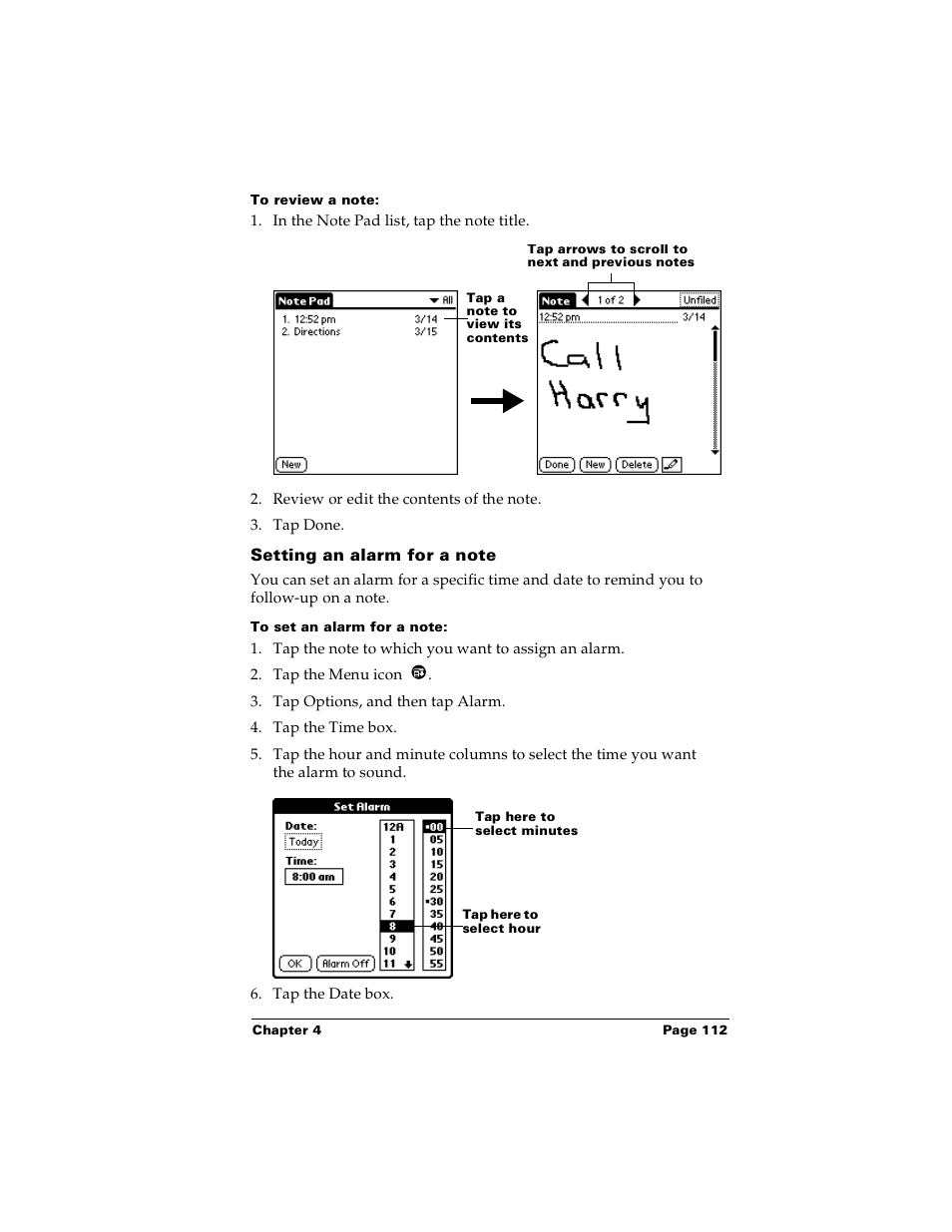 To review a note, Setting an alarm for a note, To set an alarm for a note | Palm Handhelds m100 User Manual | Page 119 / 219