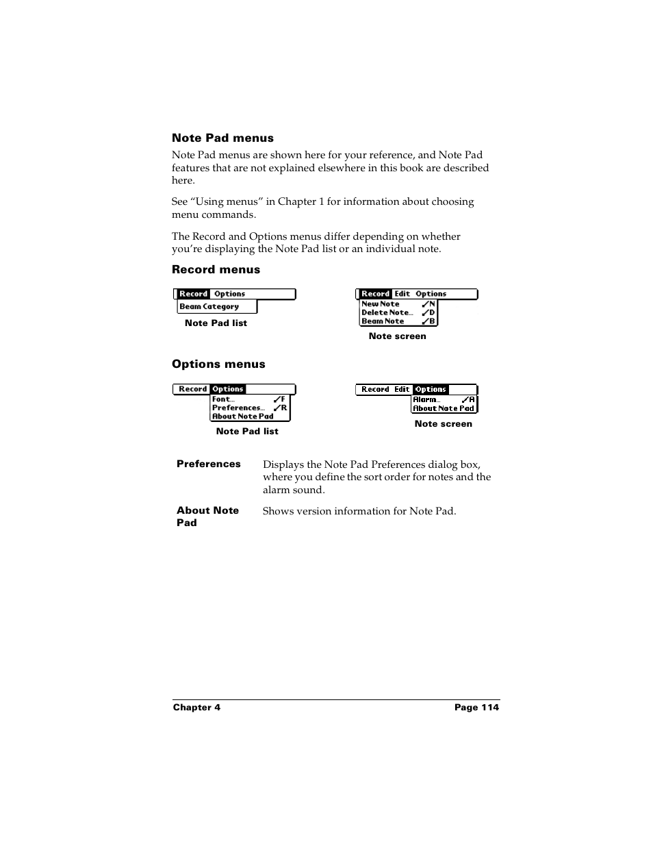 Note pad menus, Record menus, Options menus | Palm Handhelds m100 User Manual | Page 121 / 219