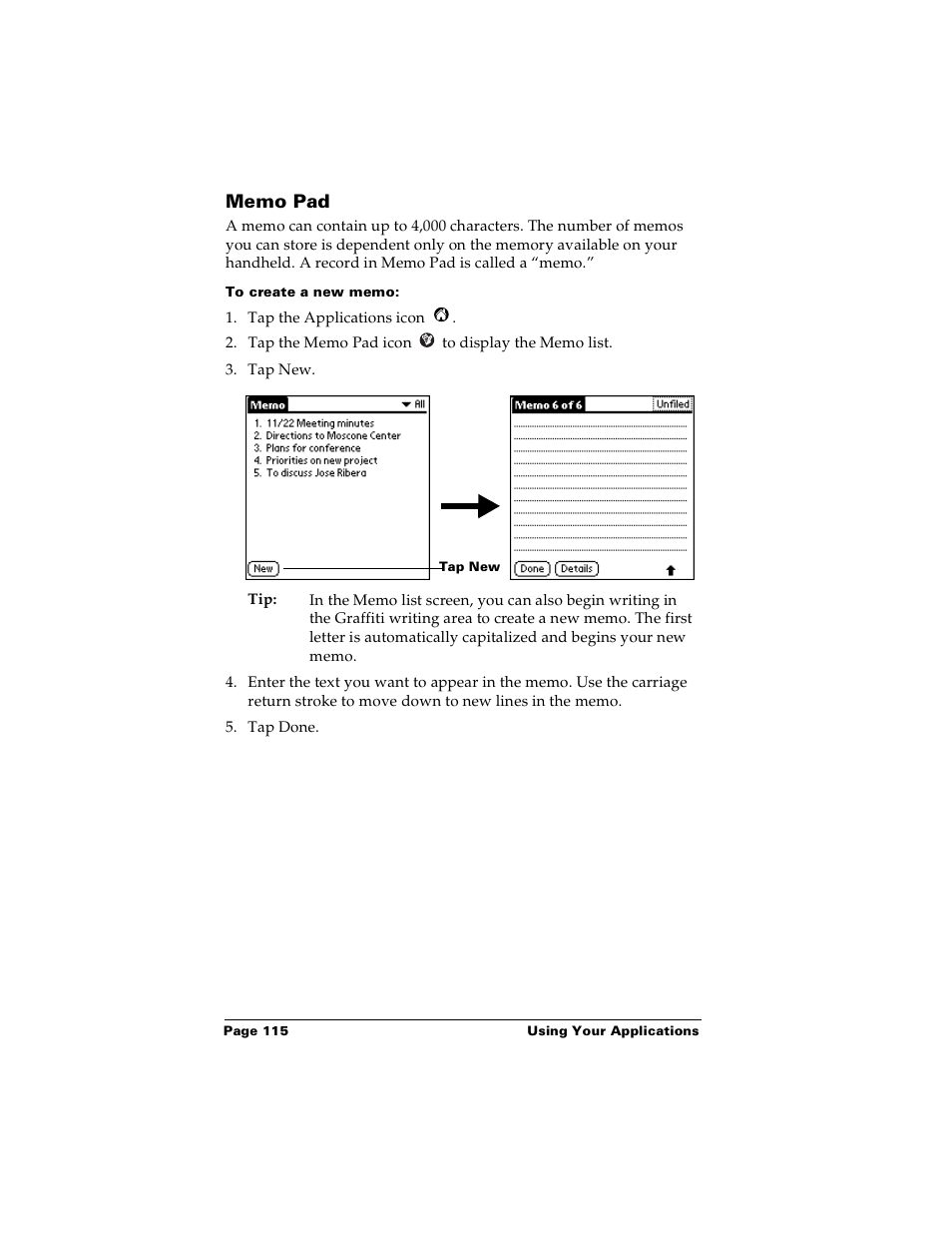 Memo pad, To create a new memo | Palm Handhelds m100 User Manual | Page 122 / 219