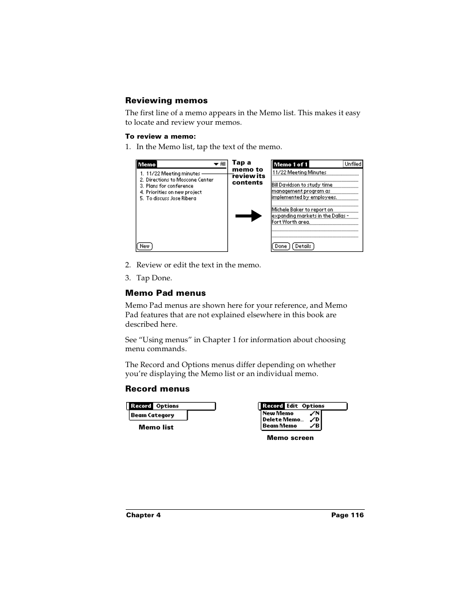 Reviewing memos, To review a memo, Memo pad menus | Record menus | Palm Handhelds m100 User Manual | Page 123 / 219