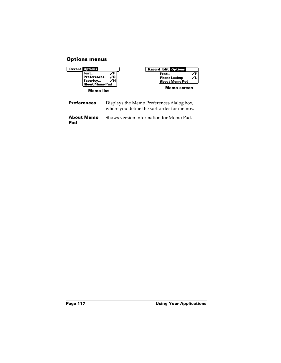 Options menus | Palm Handhelds m100 User Manual | Page 124 / 219