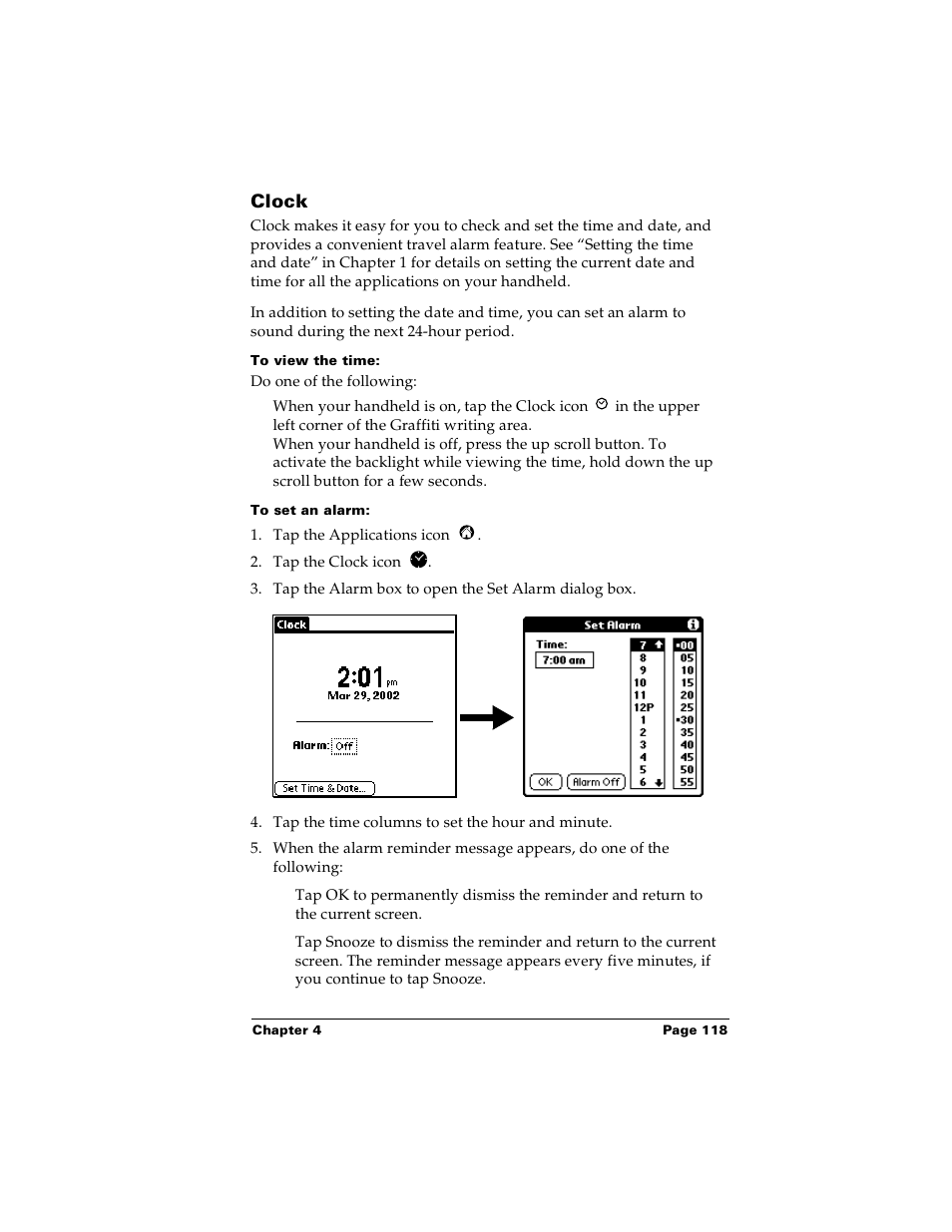 Clock, To view the time, To set an alarm | Palm Handhelds m100 User Manual | Page 125 / 219