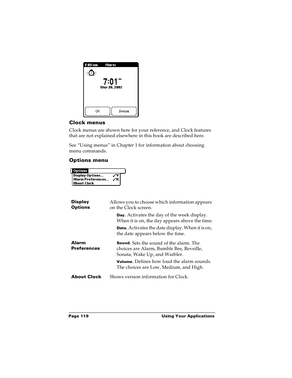 Clock menus, Options menu | Palm Handhelds m100 User Manual | Page 126 / 219