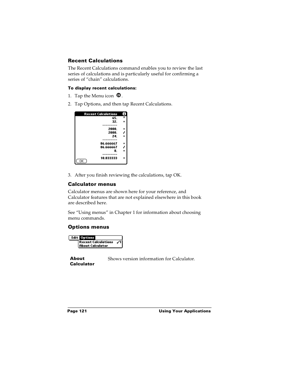 Recent calculations, To display recent calculations, Calculator menus | Options menus | Palm Handhelds m100 User Manual | Page 128 / 219