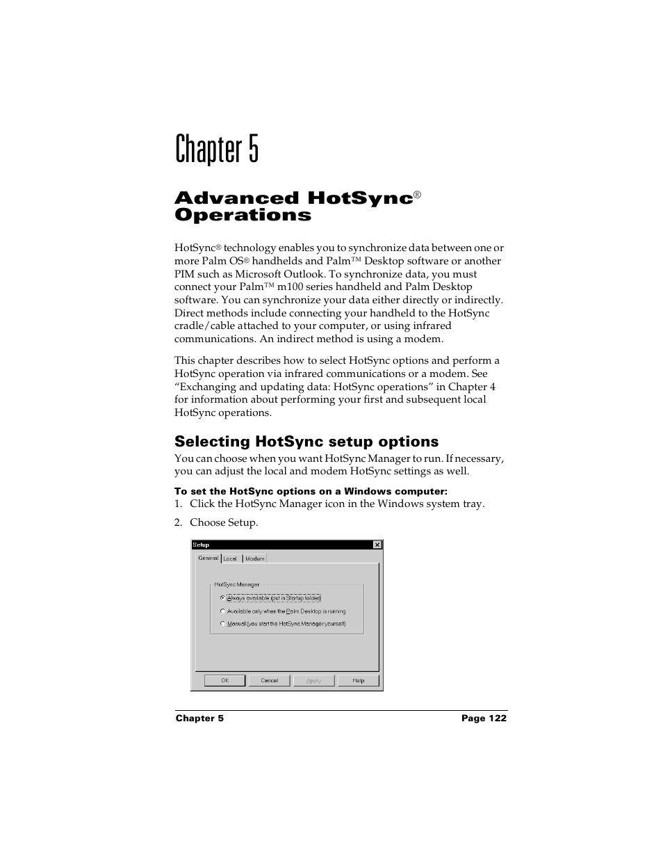 Chapter 5, Advanced hotsync® operations, Selecting hotsync setup options | To set the hotsync options on a windows computer, Chapter 5: advanced hotsync® operations, Chapter 5 for, M. see chapter 5, Advanced hotsync, Operations | Palm Handhelds m100 User Manual | Page 129 / 219