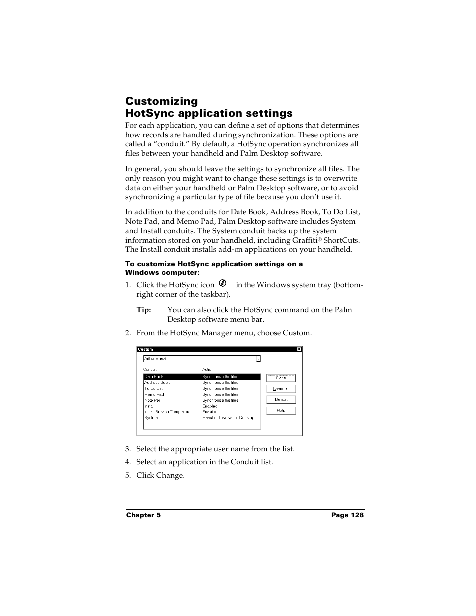 Customizing hotsync application settings | Palm Handhelds m100 User Manual | Page 135 / 219