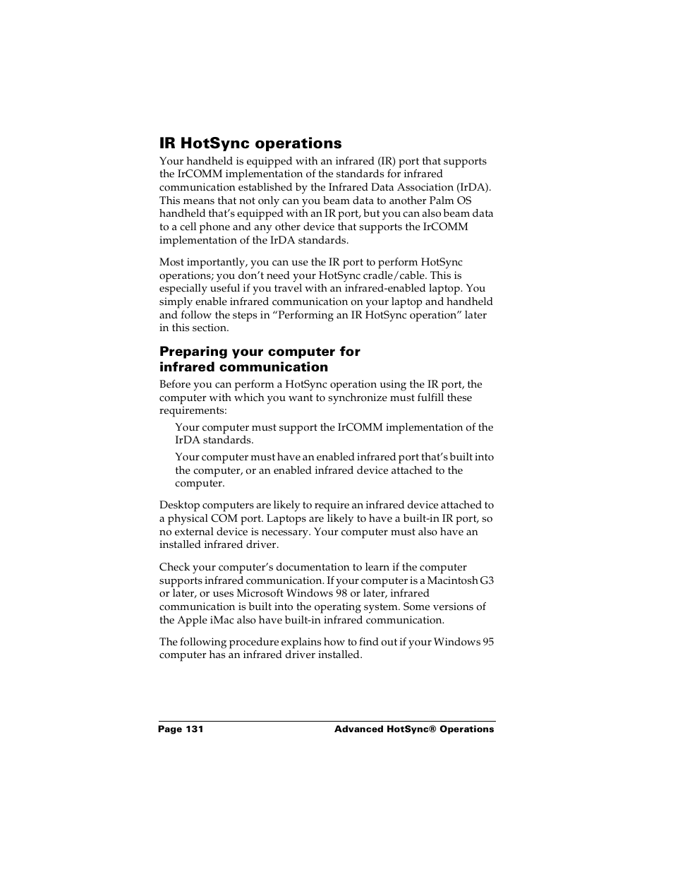 Ir hotsync operations, Preparing your computer for infrared communication, D “ir hotsync operations | Palm Handhelds m100 User Manual | Page 138 / 219