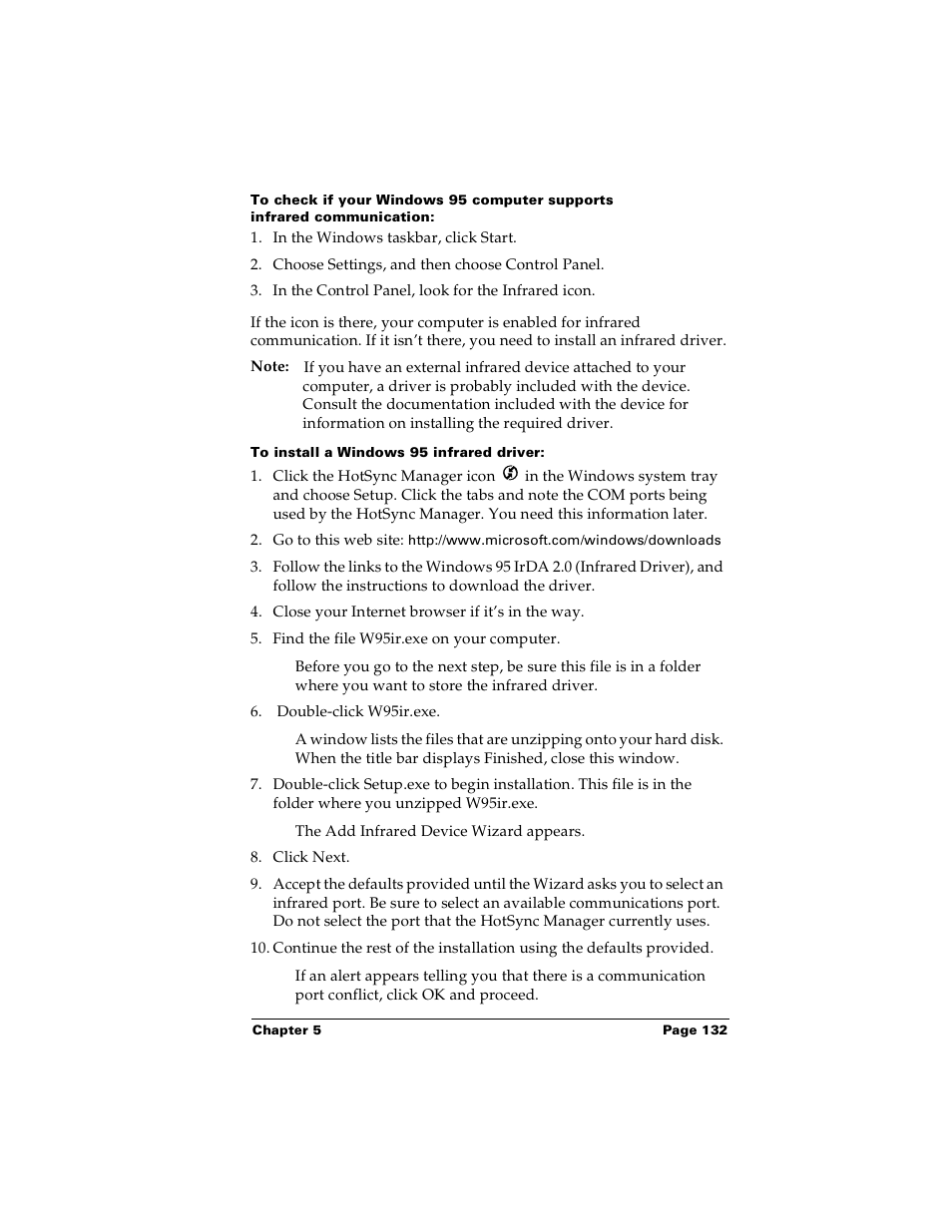 To install a windows 95 infrared driver | Palm Handhelds m100 User Manual | Page 139 / 219