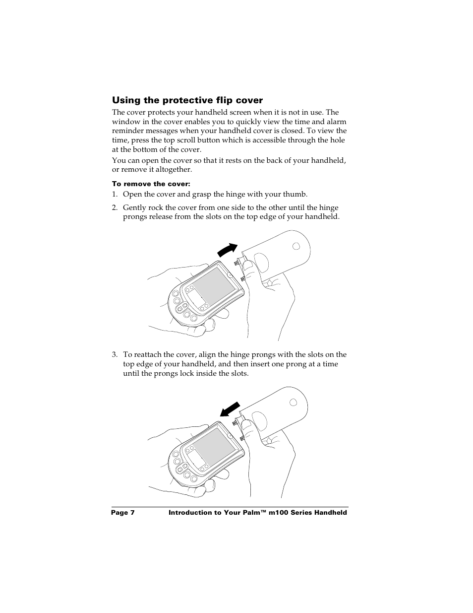 Using the protective flip cover, To remove the cover | Palm Handhelds m100 User Manual | Page 14 / 219