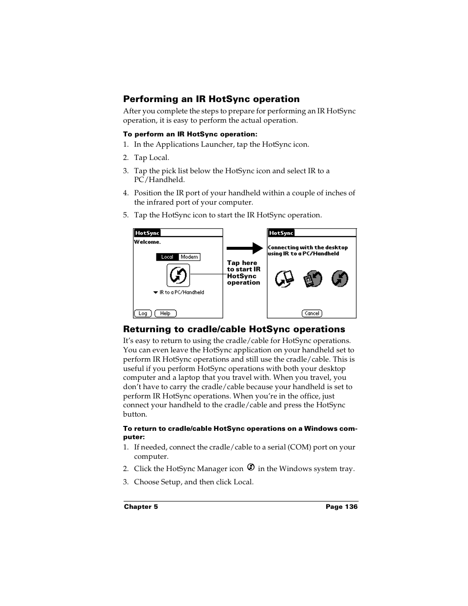 Performing an ir hotsync operation, To perform an ir hotsync operation, Returning to cradle/cable hotsync operations | Palm Handhelds m100 User Manual | Page 143 / 219