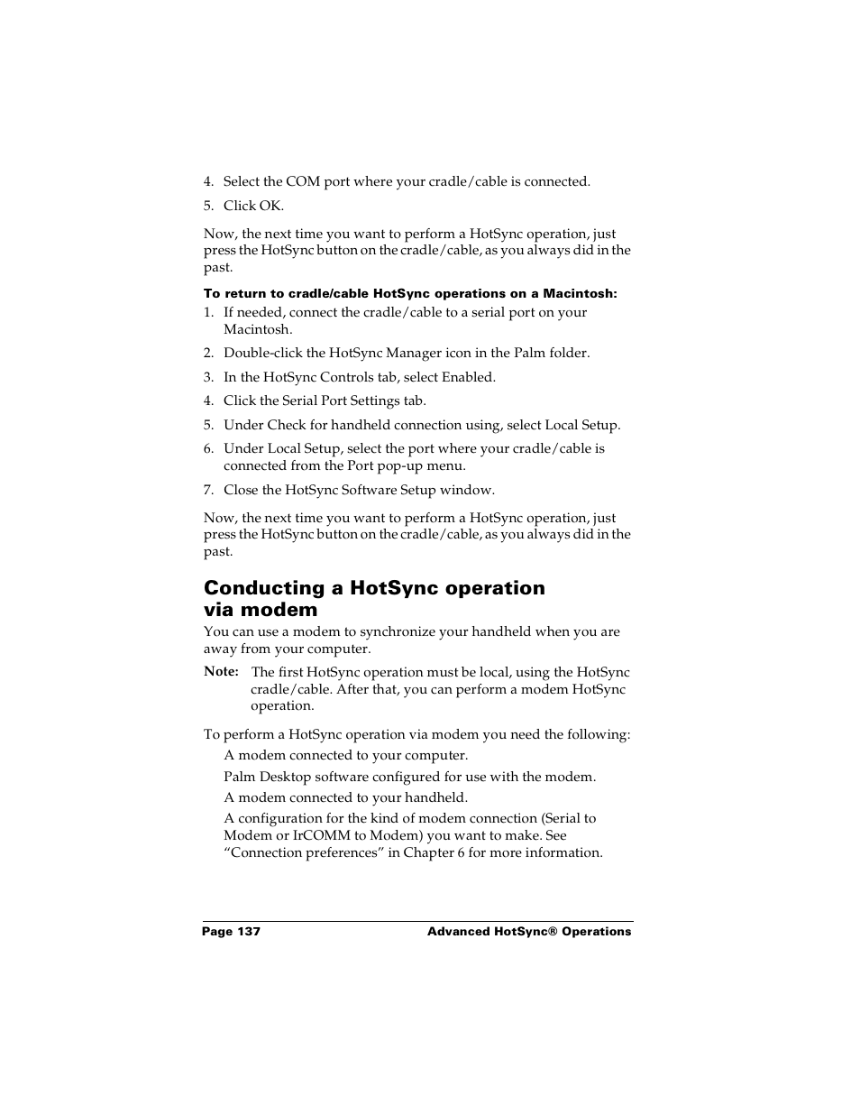 Conducting a hotsync operation via modem | Palm Handhelds m100 User Manual | Page 144 / 219