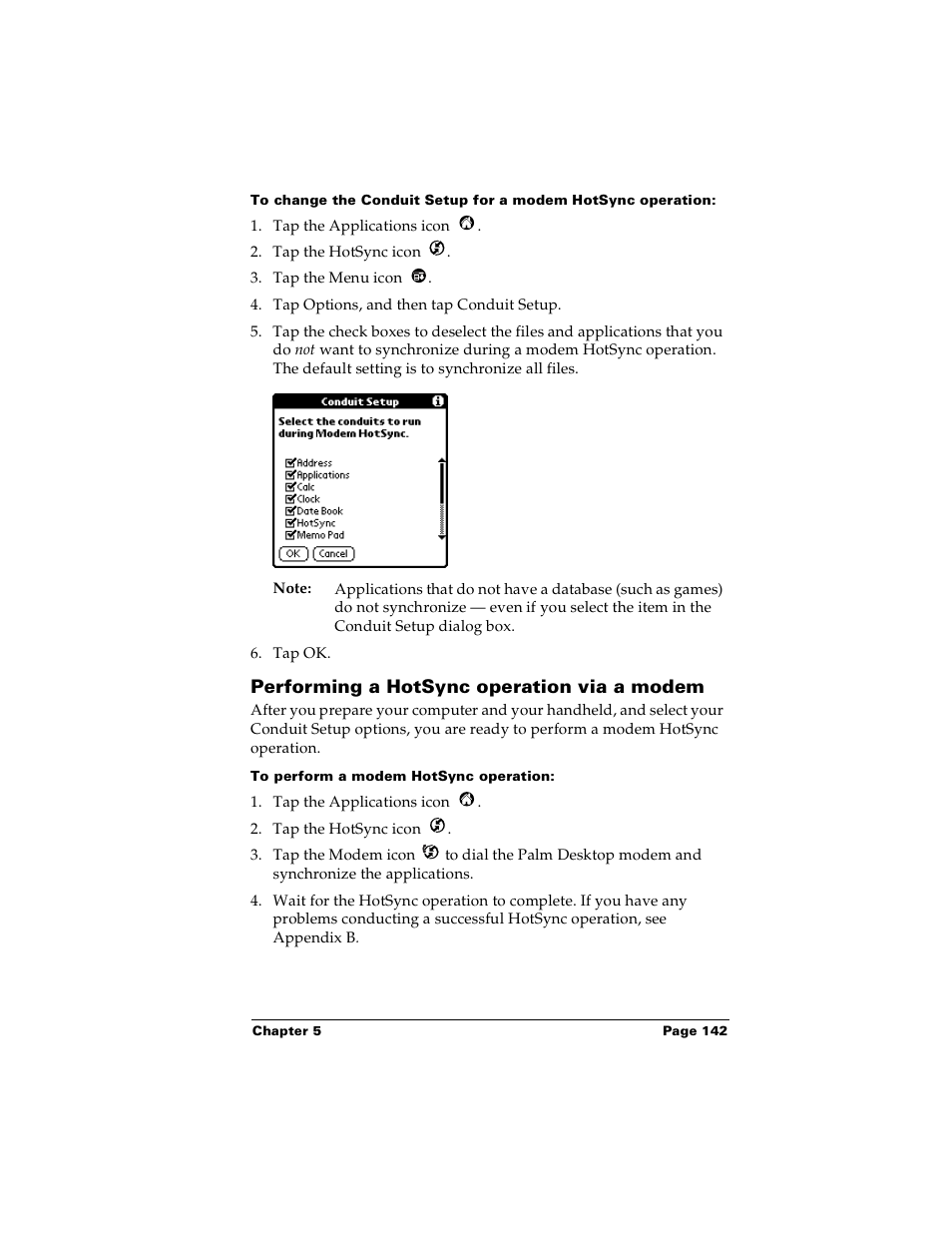 Performing a hotsync operation via a modem, To perform a modem hotsync operation | Palm Handhelds m100 User Manual | Page 149 / 219