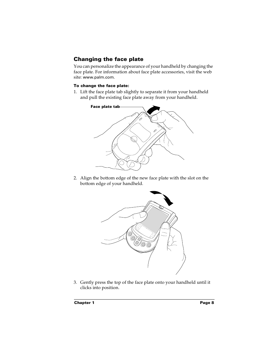 Changing the face plate, To change the face plate | Palm Handhelds m100 User Manual | Page 15 / 219