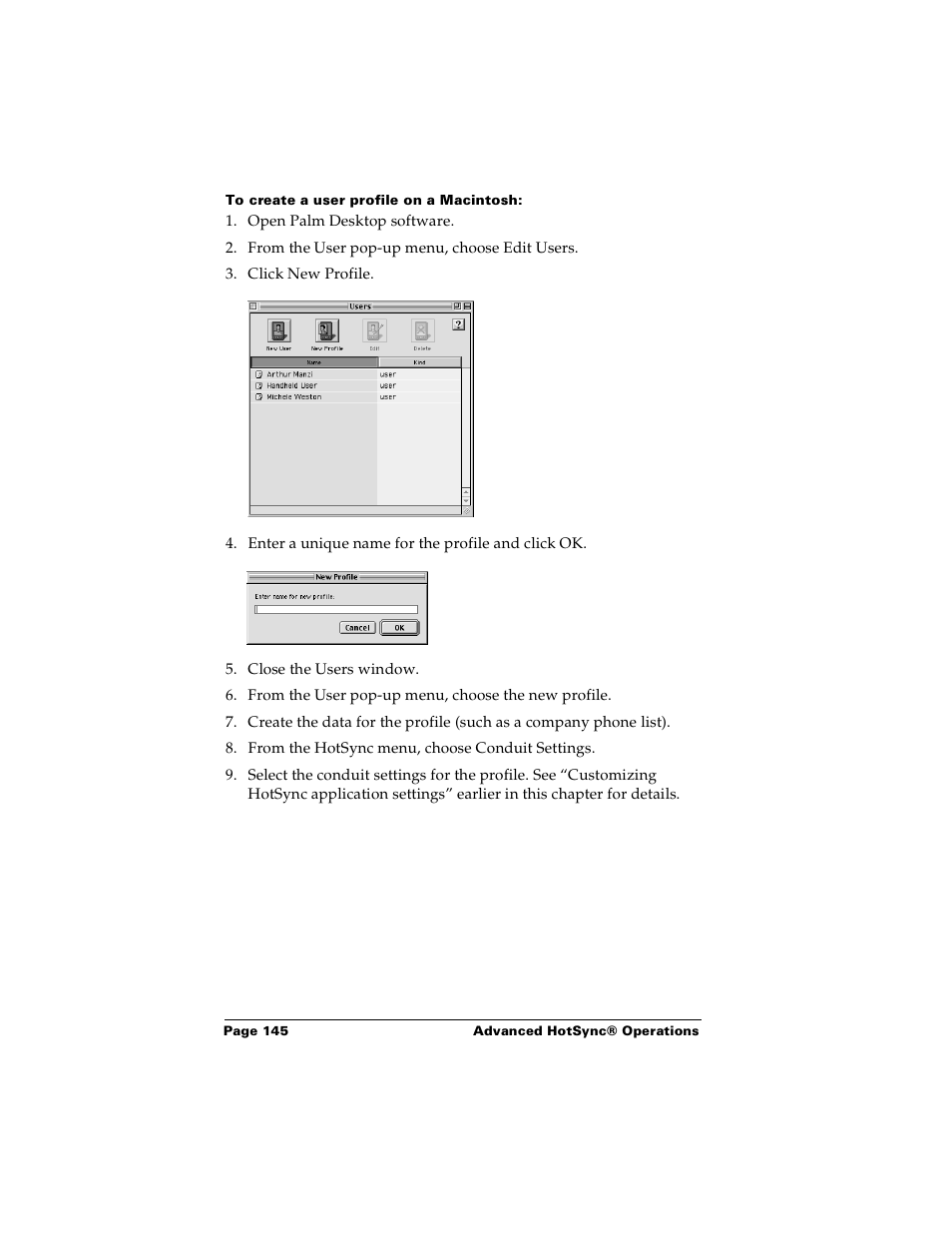 To create a user profile on a macintosh | Palm Handhelds m100 User Manual | Page 152 / 219