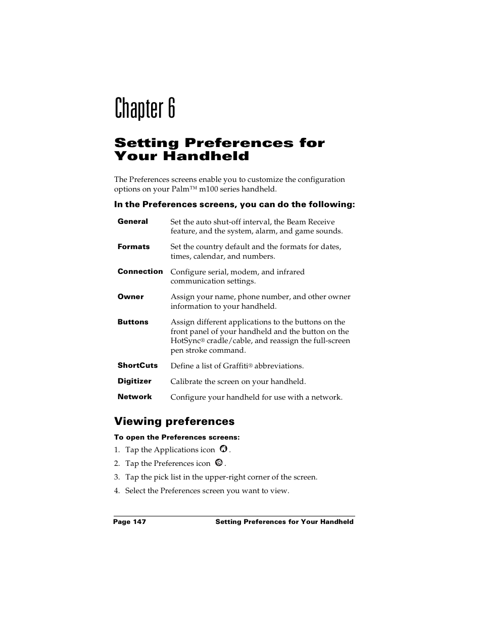 Chapter 6, Setting preferences for your handheld, Viewing preferences | To open the preferences screens, Chapter 6: setting preferences for your handheld | Palm Handhelds m100 User Manual | Page 154 / 219