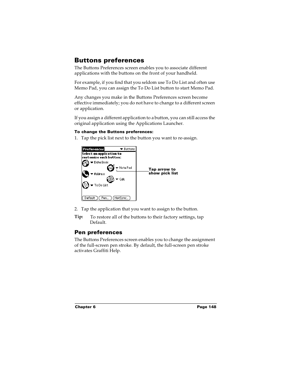 Buttons preferences, To change the buttons preferences, Pen preferences | Palm Handhelds m100 User Manual | Page 155 / 219