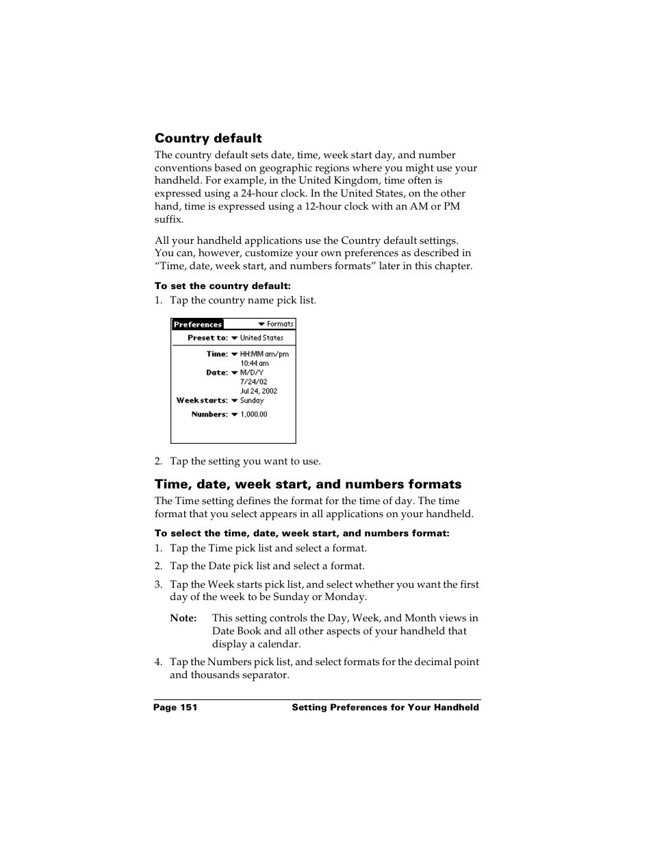 Country default, To set the country default, Time, date, week start, and numbers formats | Palm Handhelds m100 User Manual | Page 158 / 219