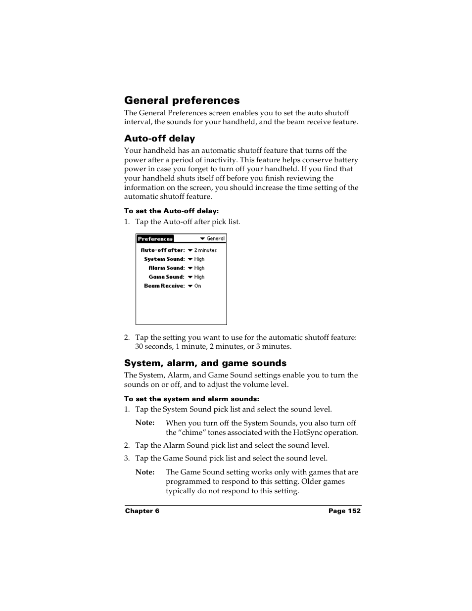 General preferences, Auto-off delay, To set the auto-off delay | System, alarm, and game sounds, To set the system and alarm sounds, Auto-off delay system, alarm, and game sounds | Palm Handhelds m100 User Manual | Page 159 / 219