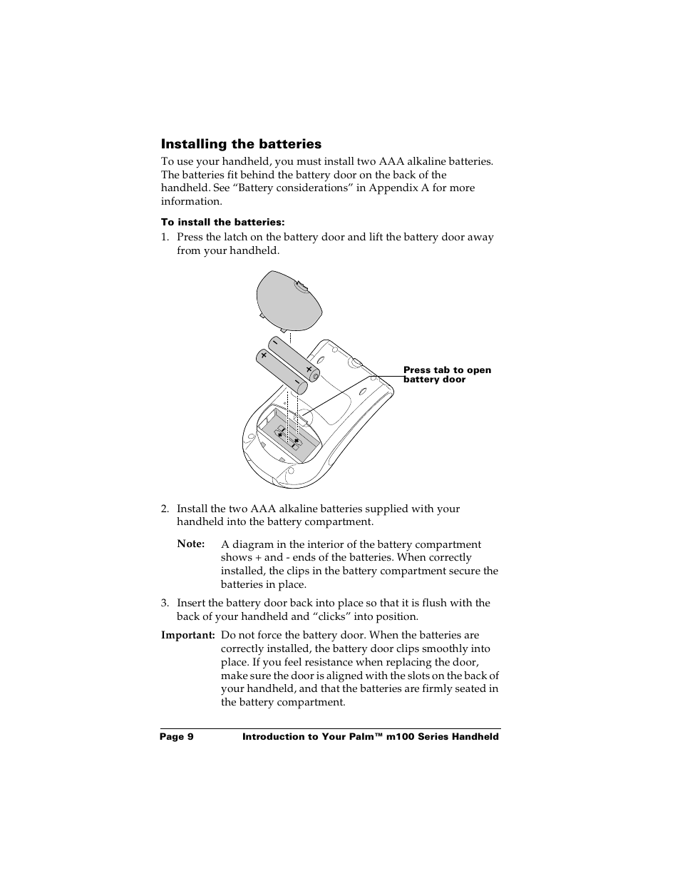 Installing the batteries, To install the batteries | Palm Handhelds m100 User Manual | Page 16 / 219